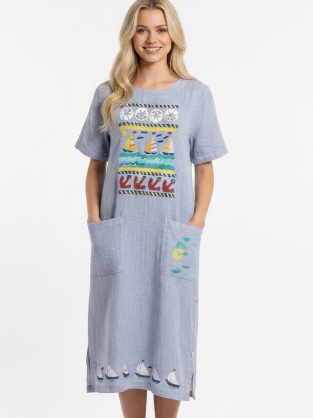Nautical Linen Shift Dress Painted w/ Sailboats Medium